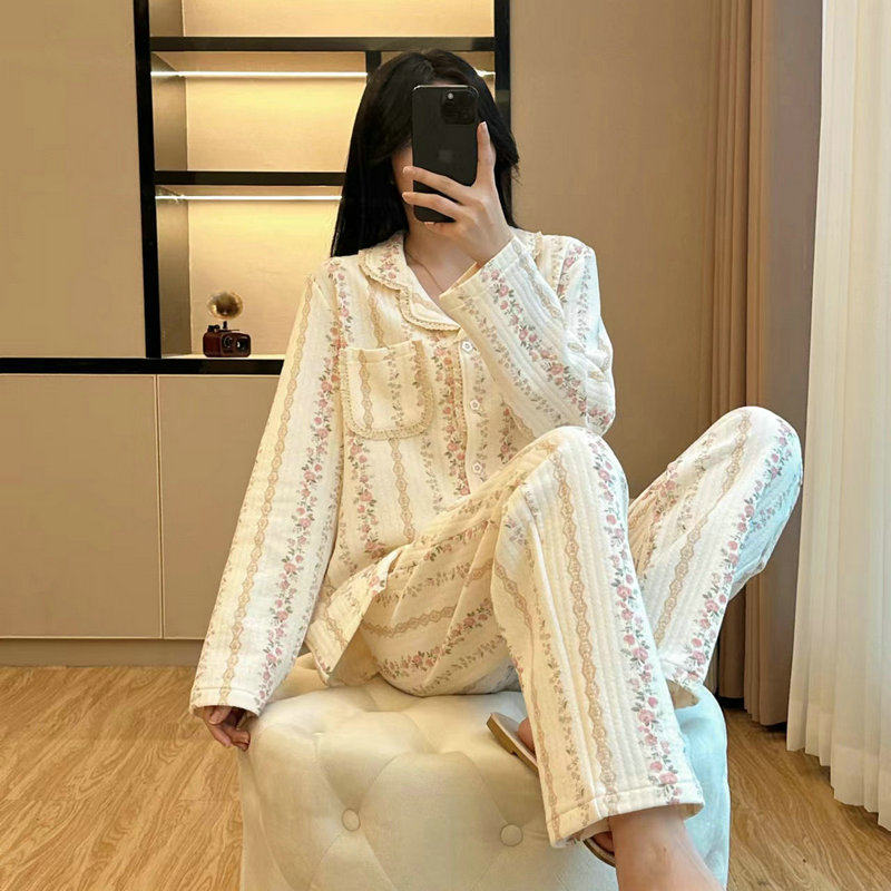 女士睡衣秋冬纯棉空气棉夹棉套装加厚保暖宽松大码长袖长裤家居服