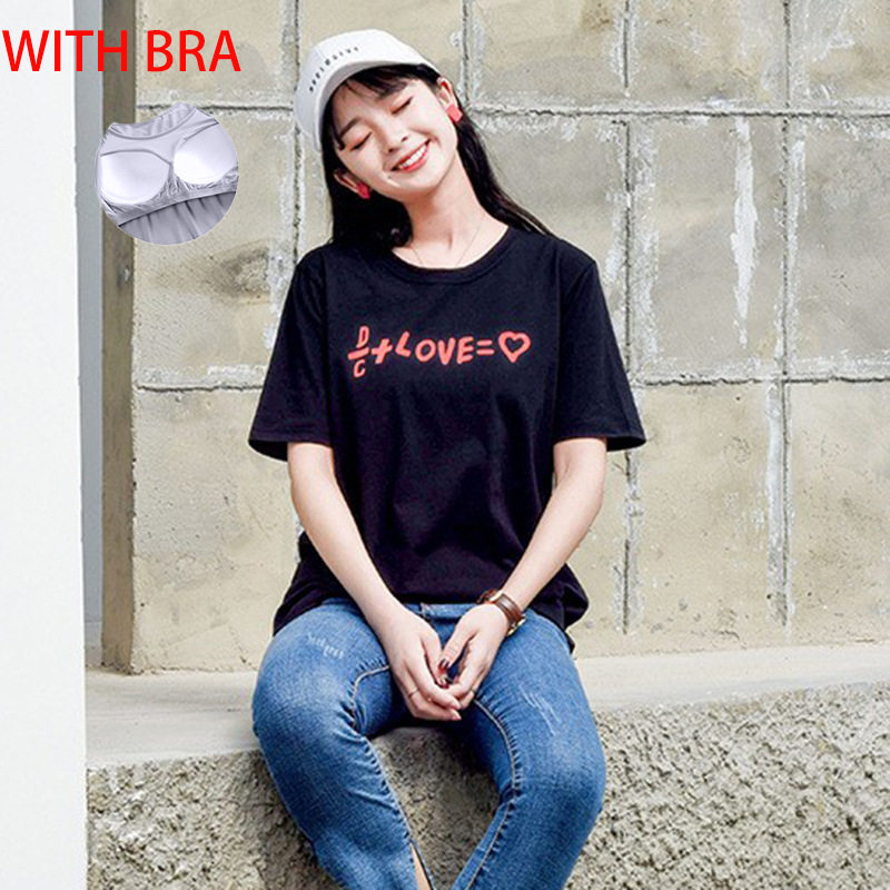 韩版纯棉自有brat女夏免文胸时尚短款上衣圆领短袖宽松休闲内搭