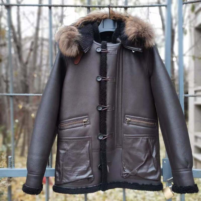 诺曼底皮衣行b7空军夹克中长皮毛一体薄款连帽可拆卸保暖机车大衣