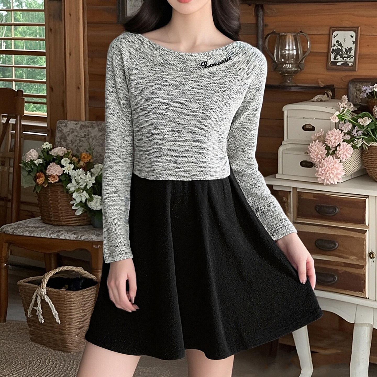 撤柜单~质感赞!有一定厚度~韩式甜美针织棉修身长袖连衣裙女春秋