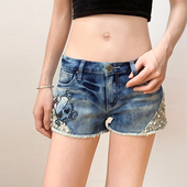 女夏 高腰港风超短显瘦棉弹牛仔裤 撤柜单 重工钉珠时髦辣妹热裤