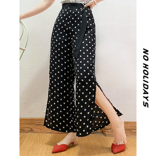 砖柜货 人 港风复古开衩波点阔腿裤 休闲裤 女夏 雪纺裤 无假期