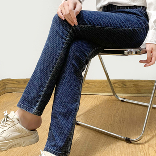 大码 女四季 女装 直筒裤 穿 复古菱形棉弹休闲中高腰牛仔裤 外贸单