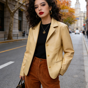 日本原单正货~英姿飒爽~复古港风PU皮衣夹克/通勤西装外套女春秋