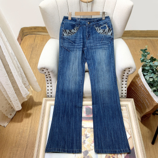 四季 1棉时髦烫钻港风街头休闲微喇裤 女长裤 穿 牛仔裤 撤柜单