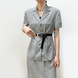 风景系列！vintage古着~90年代港风麻纱质感短袖外套半裙套装女夏