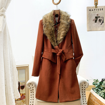 仿皮草毛领中长款羊毛呢大衣外套