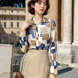 衬衫 老货撤柜 90年代复古港风几何长袖 含亚麻 女春夏 古着vintage