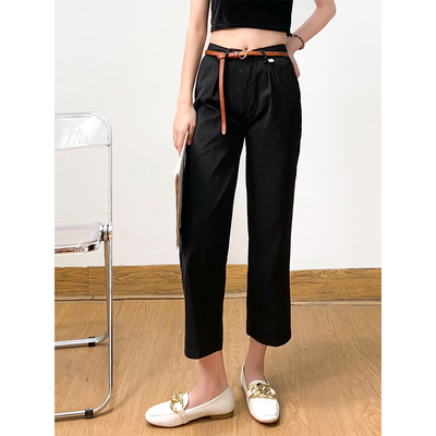 通勤中高腰九分裤直筒黑色