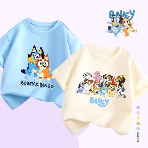 Bluey和Bingo布鲁伊宾果兄妹亲子短袖卡通纯棉t恤夏装男女孩上衣