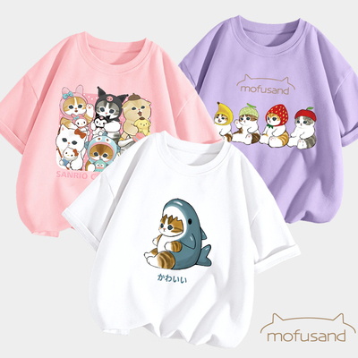 Mofusand印花女童T恤可爱猫咪插画2026新款儿童纯棉鲨鱼喵女上衣