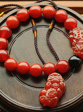 天然红玛瑙貔貅手串项链吊坠