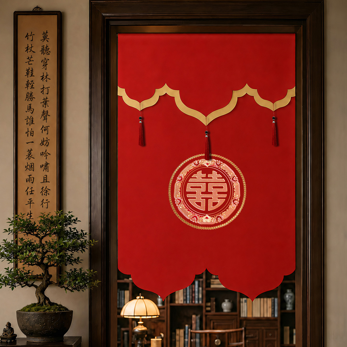 红色门帘结婚喜庆卧室房间免打孔新婚专用喜字装饰隔断遮挡布帘子
