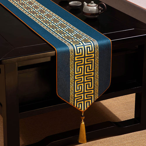 轻奢高级感蓝色长条高端桌旗定制