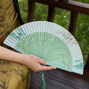 古风扇子折扇中国风青绿色新中式 随身便携小扇子 女生汉服旗袍夏季