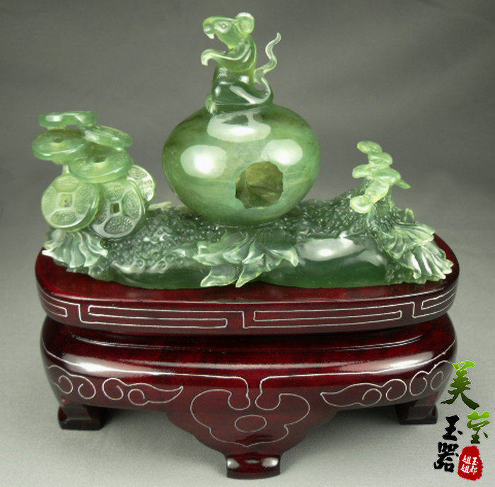 美莹玉器玉雕收藏品天然玉石摆件岫玉180玉镂空工艺雕件鼠你有钱