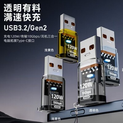 USB公转Type-C母转接头 透明壳USB3.2/Gen2充电10Gbps传输OTG功能
