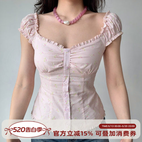 GoGirlGo法式粉色泡泡袖上衣女