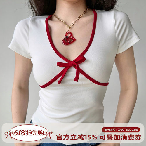 欧美风复古蝴蝶结撞色正肩白T恤