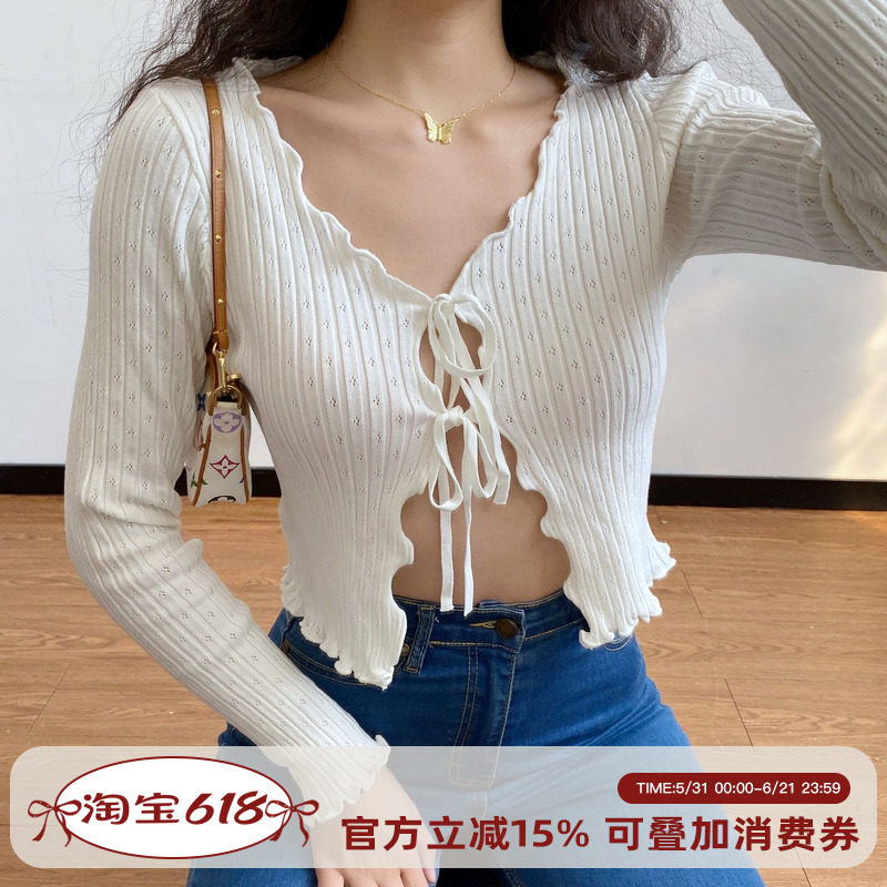 Go Girl Go 性感小众欧美绑带木耳边白色针织镂空开衫外套女秋冬