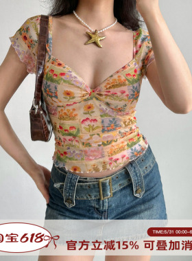 Go Girl Go自制欧美风油画花卉印花v领T恤女夏季花边网纱短袖上衣