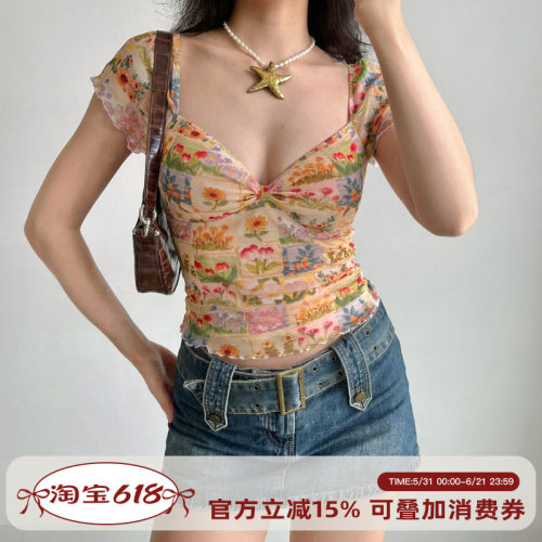Go Girl Go自制欧美风油画花卉印花v领T恤女夏季花边网纱短袖上衣
