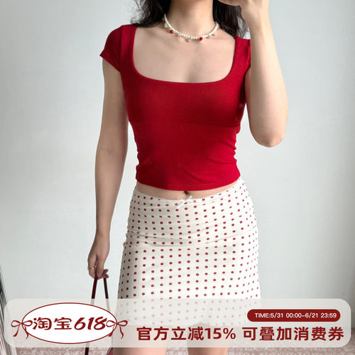 Go Girl Go 自制欧美简约方领正肩红色短袖T恤女修身短款辣妹上衣