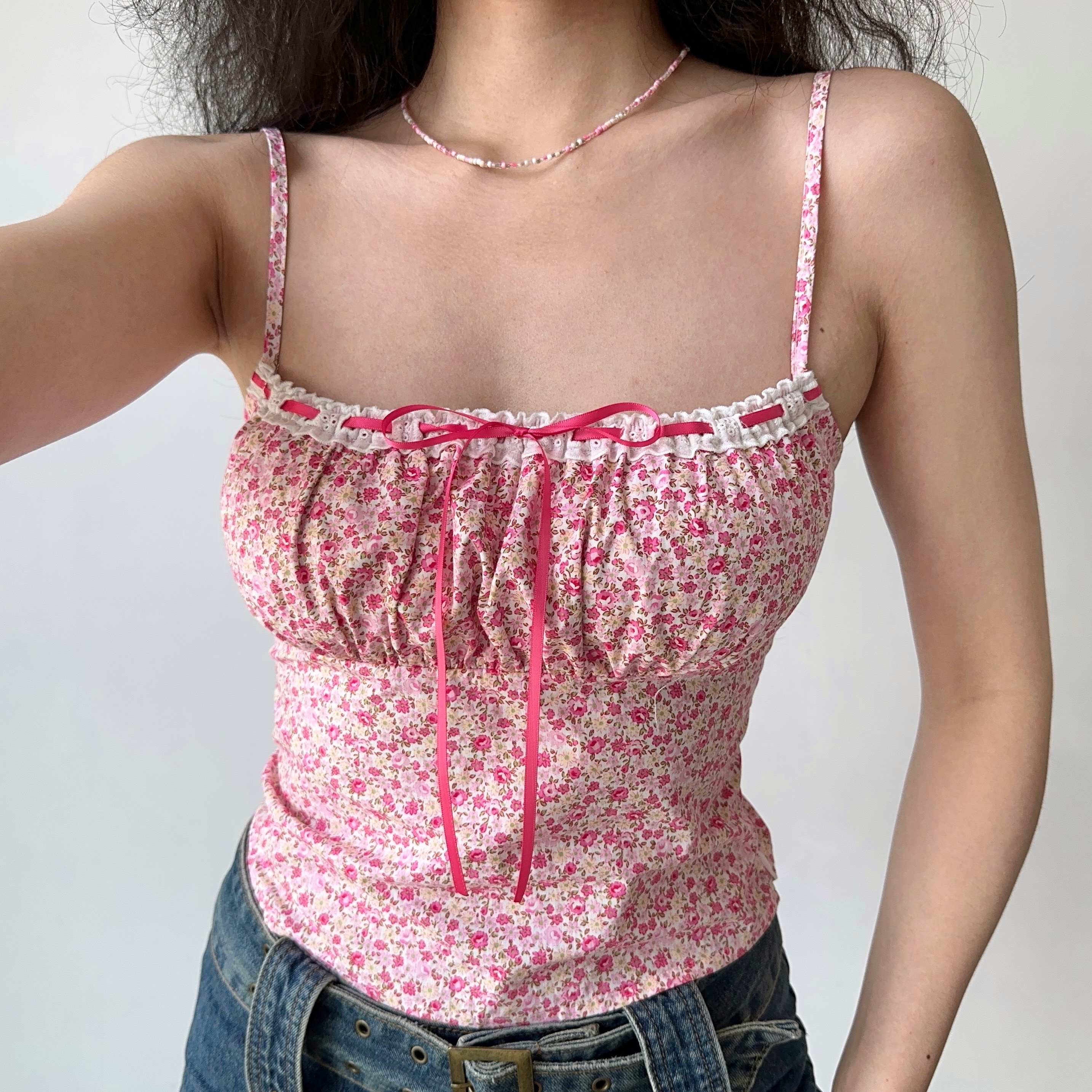 Go Girl Go自制欧美风立体剪裁碎花吊带背心女修身辣妹无袖短上衣