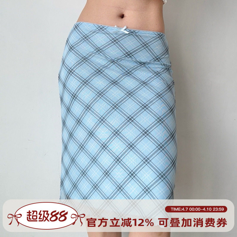 Go Girl Go 自制欧美风蓝色格子网纱半身裙女夏季松紧腰包臀裙子