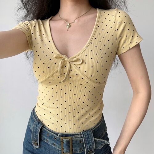 Go Girl Go自制欧美风复古波点蝴蝶结v领T恤女夏修身显瘦短袖上衣