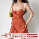 短裙 Go自制欧美风复古橘色格子吊带裙女夏性感连衣裙修身 Girl