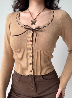 Go Girl Go 欧美风蝴蝶结系带针织衫女修身显瘦短款毛衣开衫