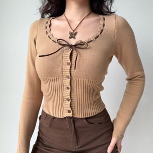 Girl 毛衣开衫 欧美风蝴蝶结系带针织衫 显瘦短款 女修身