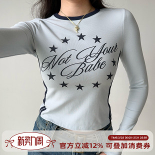 Girl 短款 自制美式 T恤女修身 上衣 复古字母印花圆领正肩长袖