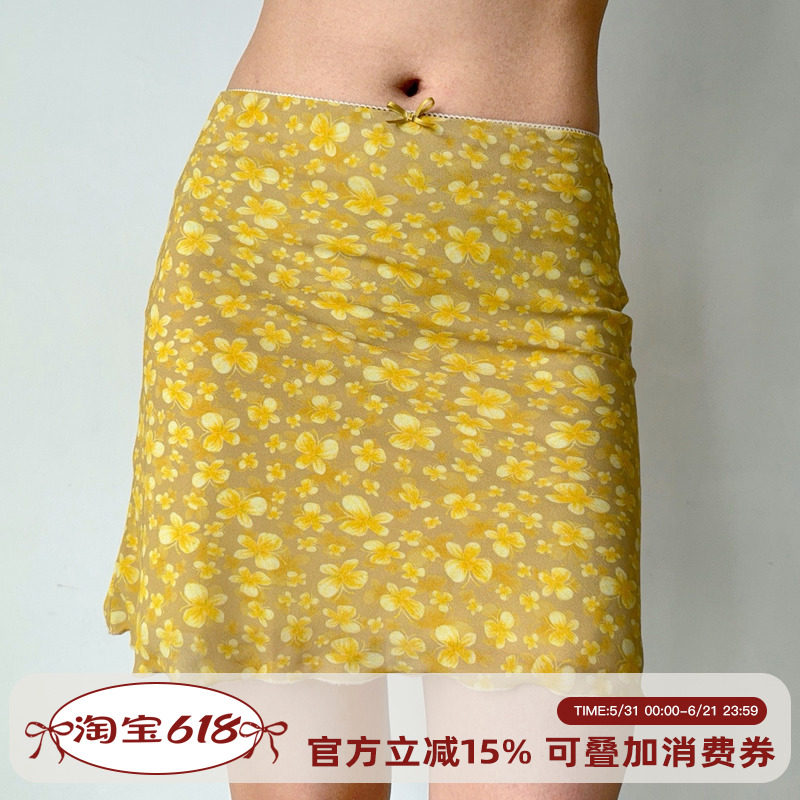 Go Girl Go 自制美式复古黄色蝴蝶印花短裙女夏季a字半身裙