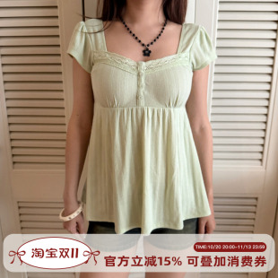 Go Girl Go 自制欧美风蕾丝花边方领短袖上衣女夏季宽松A字娃娃衫