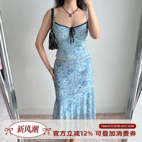 Go Girl Go 自制法式复古蓝色印花吊带+不规则半身裙套装女两件套