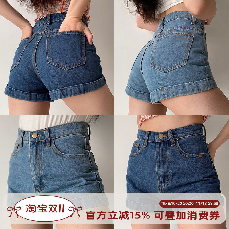 Go Girl Go 美式复古经典款百搭翻边高腰牛仔短裤女夏季显瘦热裤