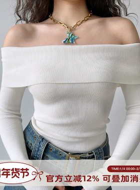 Go Girl Go欧美一字肩螺纹白色针织衫女冬季修身纯欲辣妹短款上衣