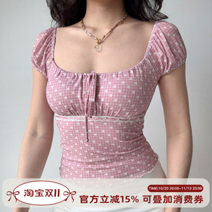 Go Girl Go 自制法式复古格子波点粉色T恤女夏修身方领泡泡袖上衣