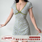 a字裙 连衣裙女夏修身 Girl 自制欧美风性感深v领蝴蝶结短袖