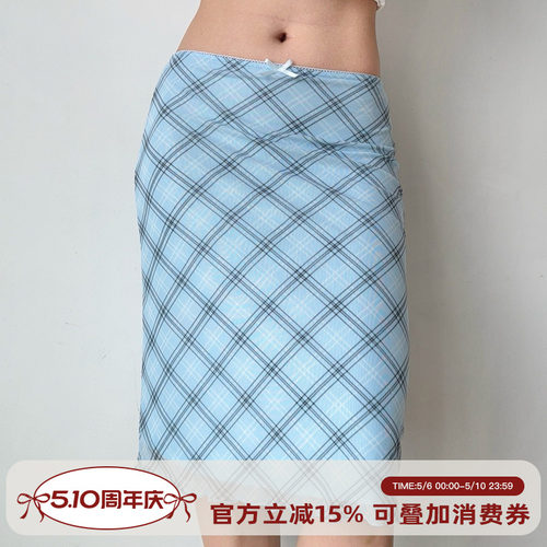 Go Girl Go 自制欧美风蓝色格子网纱半身裙女夏季松紧腰包臀裙子