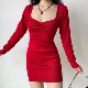 Go自制欧美复古红色方领针织连衣裙显瘦包臀短裙 Girl 清仓