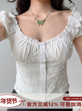 Go Girl Go 自制法式复古泡泡袖刺绣白色衬衫女夏U领短袖修身上衣