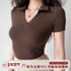Girl 欧美风简约百搭V领短袖 T恤女修身 显瘦翻领短款 上衣