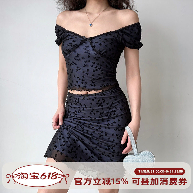 Go Girl Go 自制欧美风蝴蝶网纱短袖上衣+包臀半身裙套装女两件套