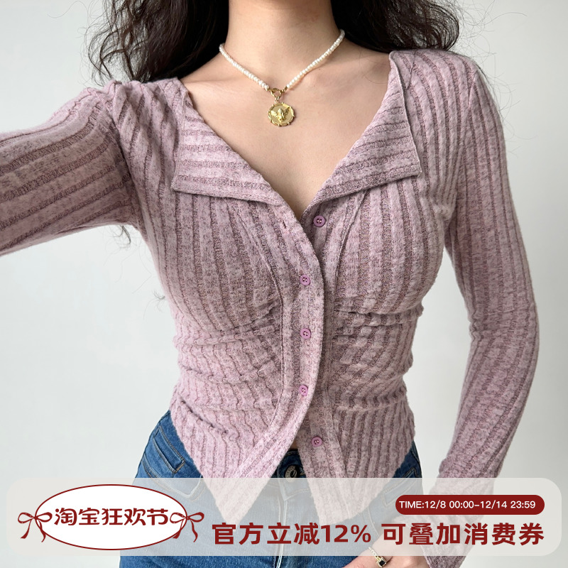 复古坑条螺纹针织开衫