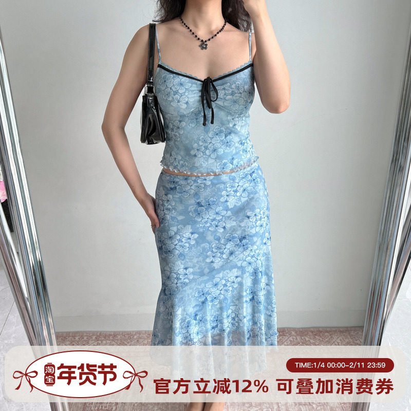 Go Girl Go 自制法式复古蓝色印花吊带+不规则半身裙套装女两件套,女装/女士精品,时尚套装,淘宝优惠券,粉丝福利购,淘宝优惠卷