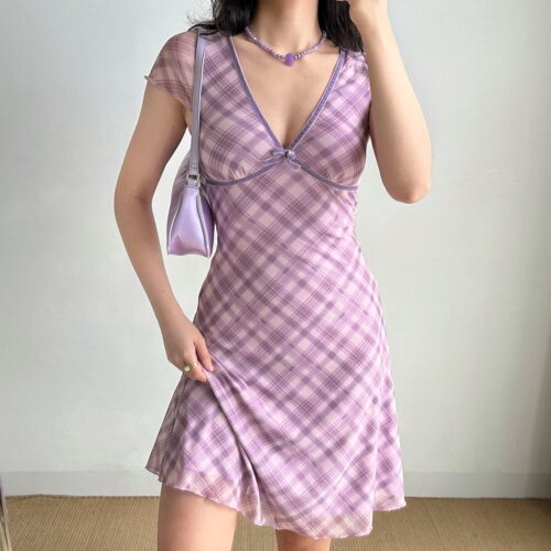 Go Girl Go 自制欧美风性感深v领格纹网纱连衣裙中长款女度假裙子