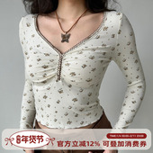 短款 甜辣风上衣 复古碎花V领长袖 T恤女修身 Girl 自制美式